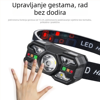 Čelna lampa s senzorom pokreta, LED 5W, 800 mAh baterija, domet 50–100 m, pogodna za planinarenje, kampiranje i noćni ribolov