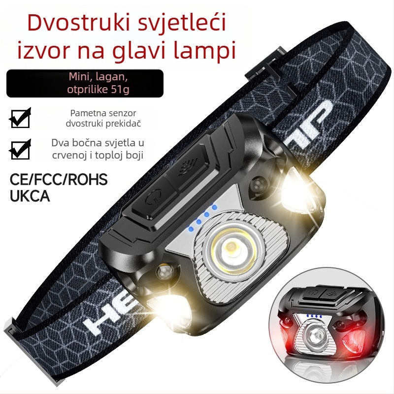 LED svjetiljka za glavu s USB punjenjem, ručno napajanje, domet 50–100 m