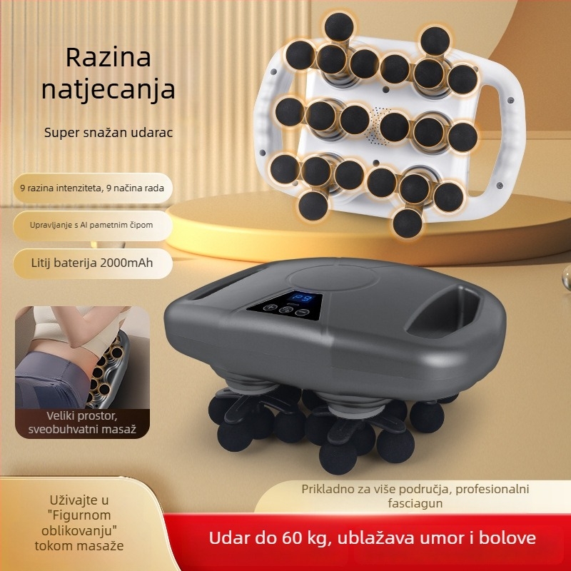 Masazni pištolj za mišiće — 6+ glava za masažu, više od 5 brzina, ugrađena baterija 1200–2000 mAh, rad 6–8 sati, buka 46–70 dB