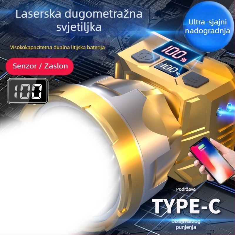 Čelna lampica s velikim snopom, 5W, 2400mAh, 360° rotacija, ručno napajanje, uključen punjač, za noćno pecanje i kampiranje