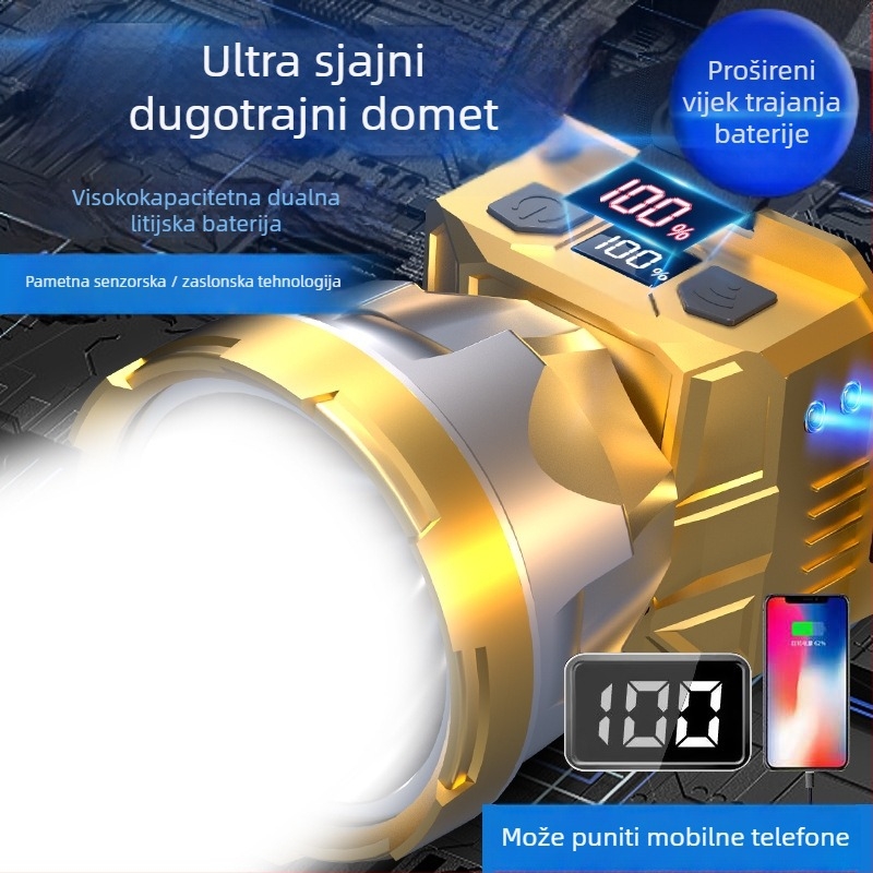 Čelna lampica s velikim snopom, 5W, 2400mAh, 360° rotacija, ručno napajanje, uključen punjač, za noćno pecanje i kampiranje