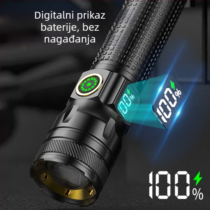 LED baterijska svjetiljka s kućištem od aluminijske legure, digitalni prikaz, 10W, 1200mAh, punjiva