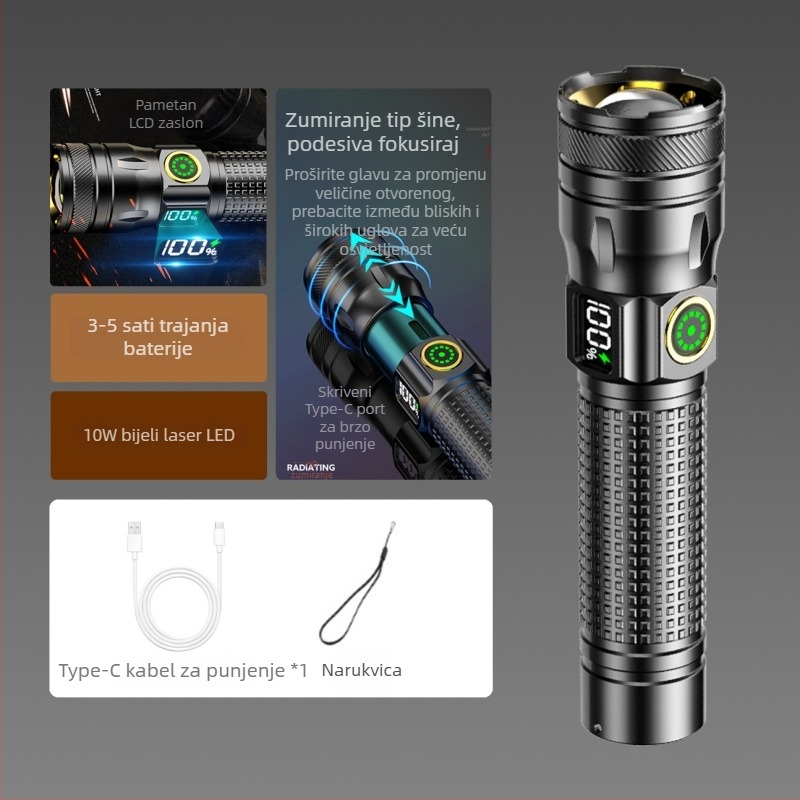 LED baterijska svjetiljka s kućištem od aluminijske legure, digitalni prikaz, 10W, 1200mAh, punjiva