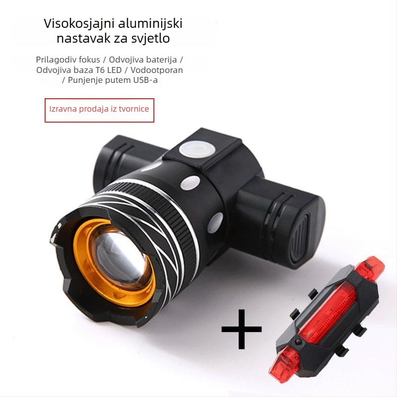 Biciklistično prednje svjetlo T6, aluminijska legura, fokusirano prednje svjetlo, USB punjenje, 360° okretno, Hissuke