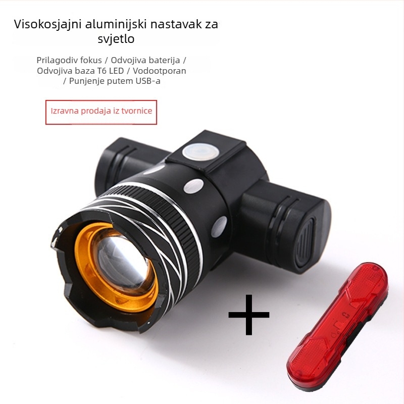 Biciklistično prednje svjetlo T6, aluminijska legura, fokusirano prednje svjetlo, USB punjenje, 360° okretno, Hissuke
