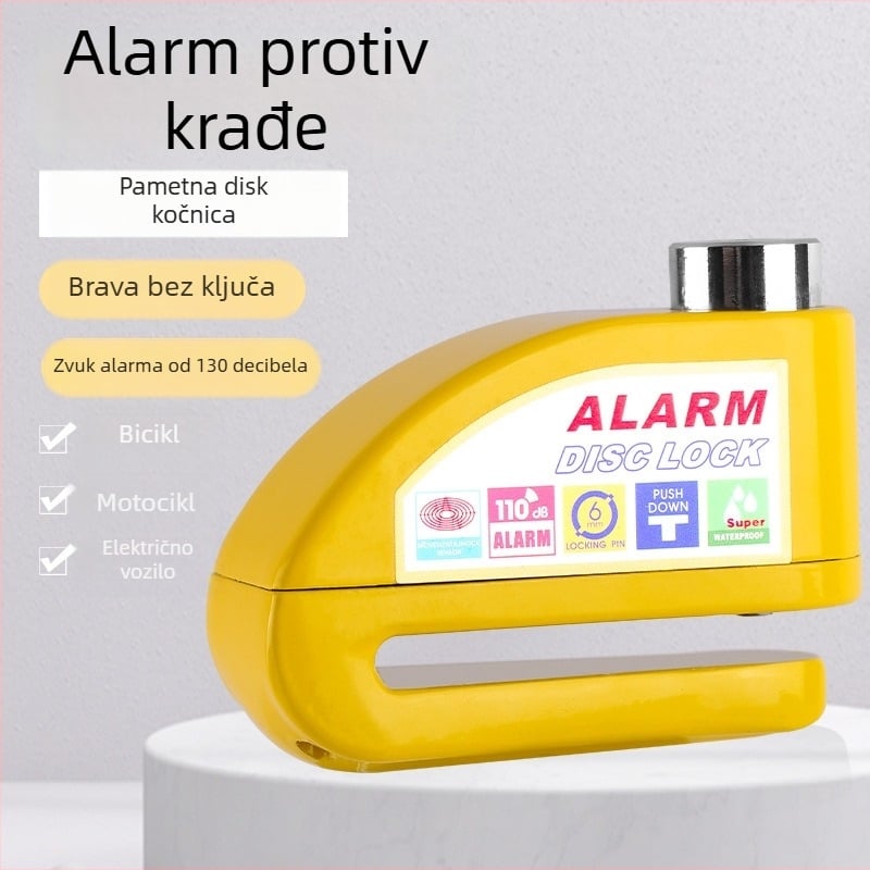 Disk brava za bicikl sa alarmom — Model 9698, materijal: aluminijska legura, težina 251 g, marka Kuyue/YUUISD, mogućnost prilagođavanja