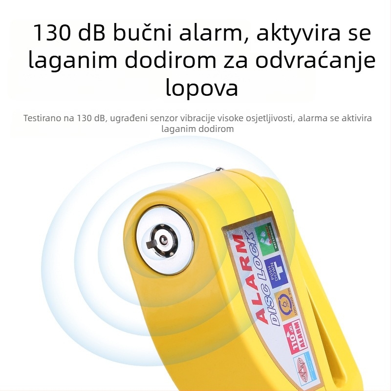 Disk brava za bicikl sa alarmom — Model 9698, materijal: aluminijska legura, težina 251 g, marka Kuyue/YUUISD, mogućnost prilagođavanja