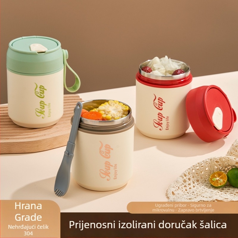 Nehrđajući čelični doručak šalica s poklopcem i žlicom, dvostruka izolacija, okrugla prijenosna šalica za kašu i mlijeko