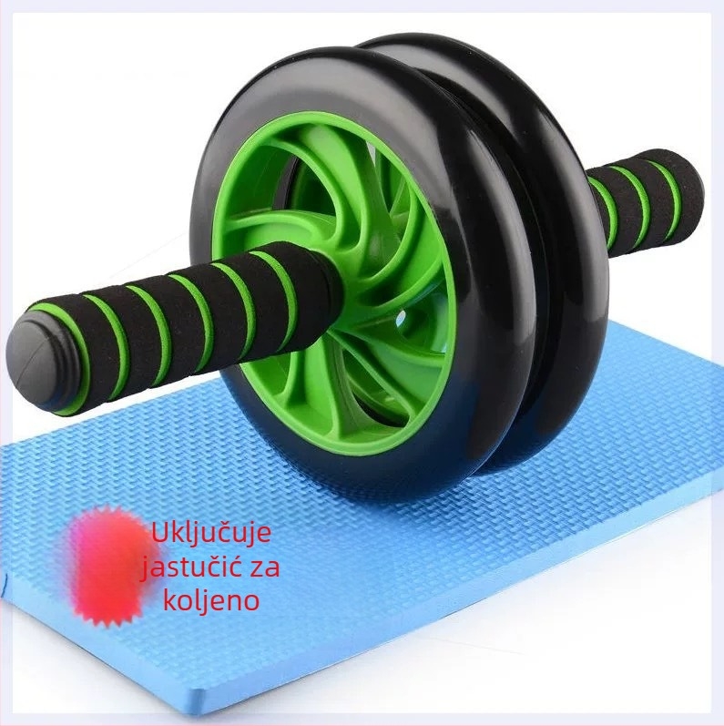Dvokotačni abdominalni kolut za suženje struka, prijenosno kućno fitness sredstvo; težina 0.71–0.75 kg, promjer koluta 14.5 cm, duljina ručke 29 cm, jastuk za koljeno 34×17×0.7 cm; pogodno za ured, vanjsku upotrebu i kuću.