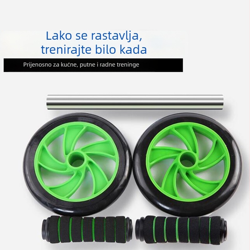 Dvokotačni abdominalni kolut za suženje struka, prijenosno kućno fitness sredstvo; težina 0.71–0.75 kg, promjer koluta 14.5 cm, duljina ručke 29 cm, jastuk za koljeno 34×17×0.7 cm; pogodno za ured, vanjsku upotrebu i kuću.