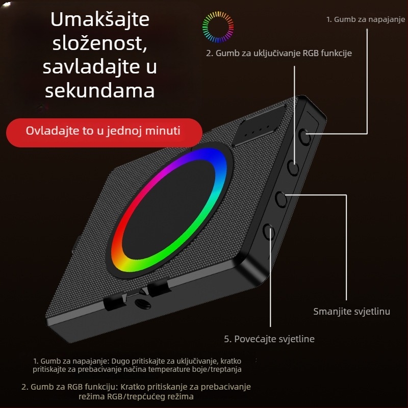 Prenosno RGB svjetlo za fotografiju i video — magnetsko LED osvjetljenje, rukovanje, s 3 temperaturne boje, model ZC-F06, 3,7V, ispod 10W