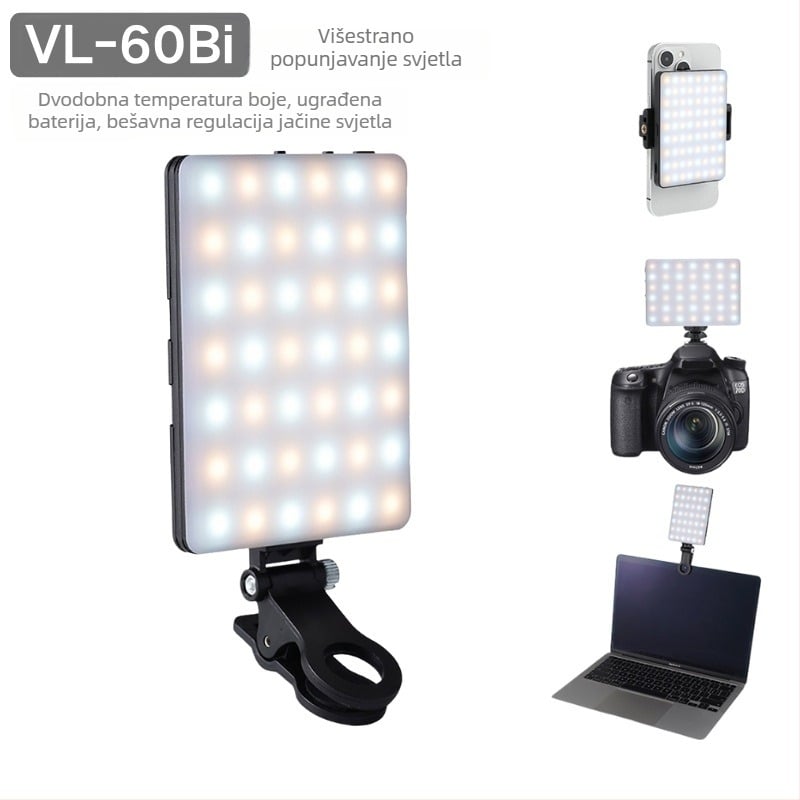 Mini svjetlo za nadopunu za telefon — prenosna LED svjetiljka s trobojnim mekim svjetlom, ugrađena baterija, ručni način, snaga ispod 10W, za live streaming i fotografiju