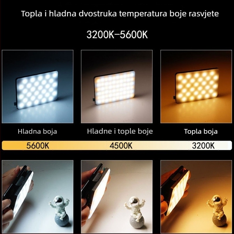 Mini svjetlo za nadopunu za telefon — prenosna LED svjetiljka s trobojnim mekim svjetlom, ugrađena baterija, ručni način, snaga ispod 10W, za live streaming i fotografiju