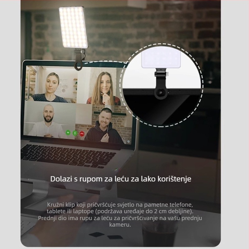 Mini svjetlo za nadopunu za telefon — prenosna LED svjetiljka s trobojnim mekim svjetlom, ugrađena baterija, ručni način, snaga ispod 10W, za live streaming i fotografiju