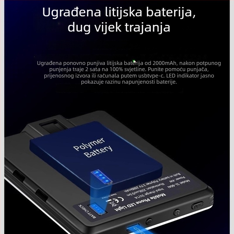 Mini svjetlo za nadopunu za telefon — prenosna LED svjetiljka s trobojnim mekim svjetlom, ugrađena baterija, ručni način, snaga ispod 10W, za live streaming i fotografiju