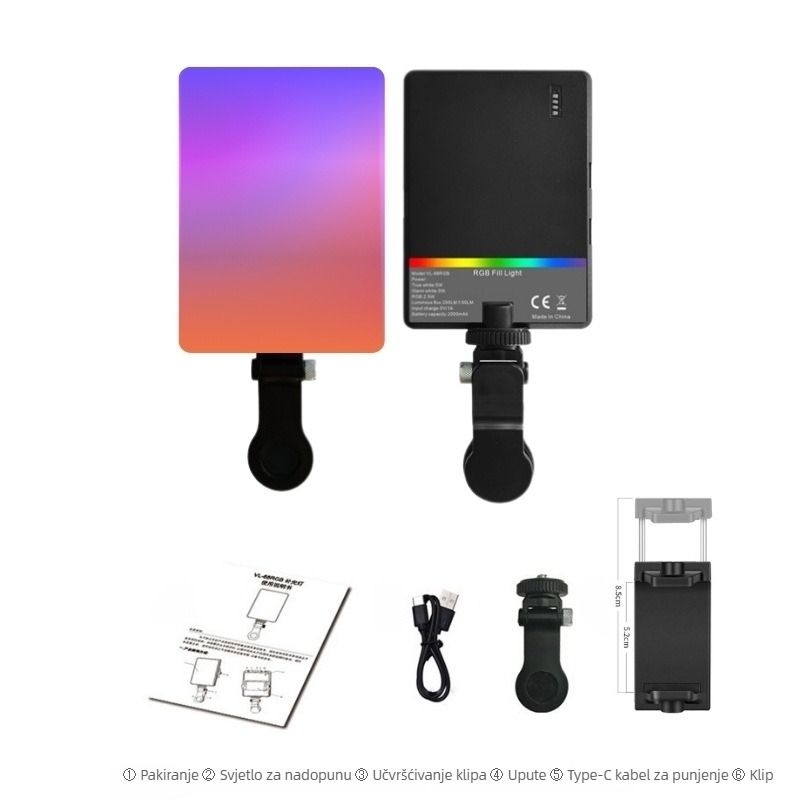 Mini svjetlo za nadopunu za telefon — prenosna LED svjetiljka s trobojnim mekim svjetlom, ugrađena baterija, ručni način, snaga ispod 10W, za live streaming i fotografiju