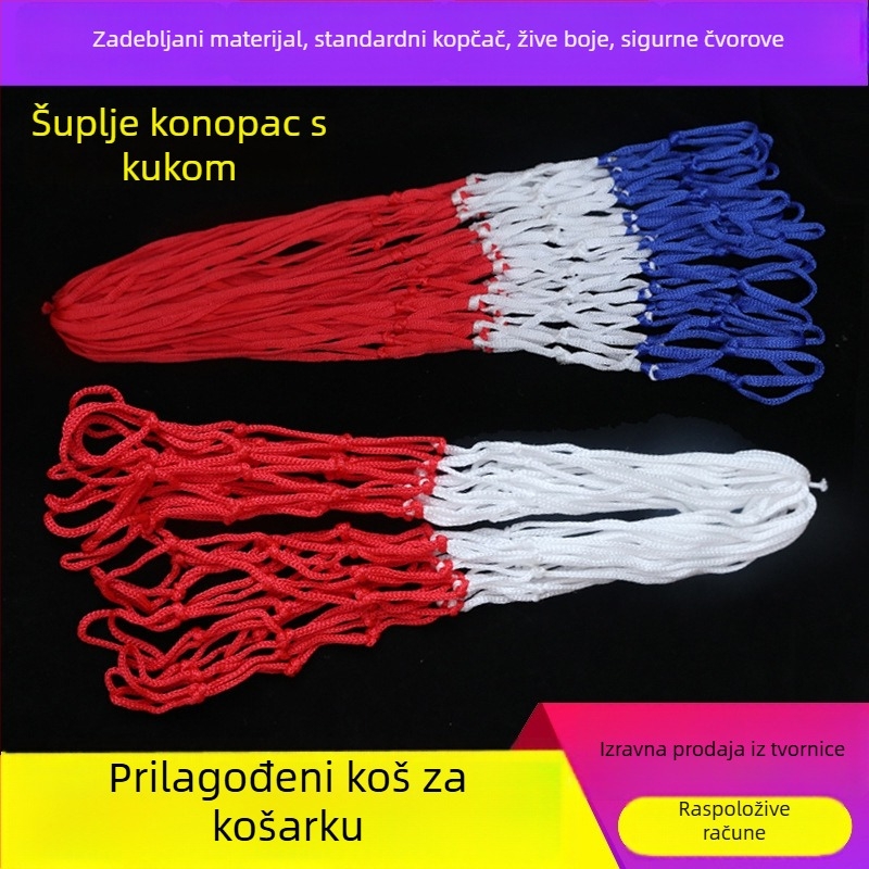 Košarkaška mreža za vanjsku upotrebu — ojačana od najlona, PP i poliestera, mogućnost prilagodbe, brend Aerobics, težina 45 g, tiskano logo