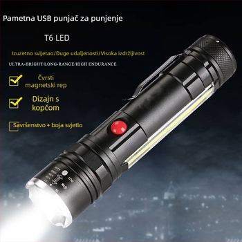 Lanterna od aluminijske legure, LED T6 sa zumom, USB punjiva 7W, domet zrake iznad 500 m, 360° rotacija, magnetski držač za olovku i COB svjetlo