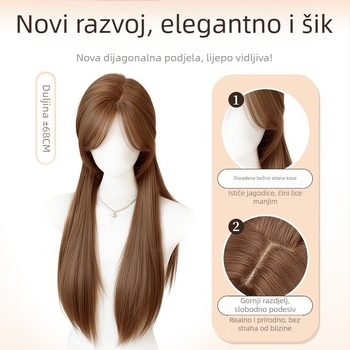 Perika prirodnog izgleda s dugom ravnom kosom i nagnutim šiškama, vlakna visoke temperature svile, model 8484