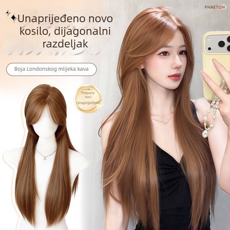 Perika prirodnog izgleda s dugom ravnom kosom i nagnutim šiškama, vlakna visoke temperature svile, model 8484