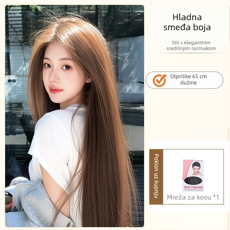 Perika prirodnog izgleda s dugom ravnom kosom i nagnutim šiškama, vlakna visoke temperature svile, model 8484