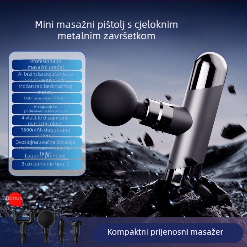 Mini prijenosni profesionalni masažni pištolj s ugrađenom baterijom, 4 nastavka, 5+ brzina, motor s četkicama, buka 36–45 dB