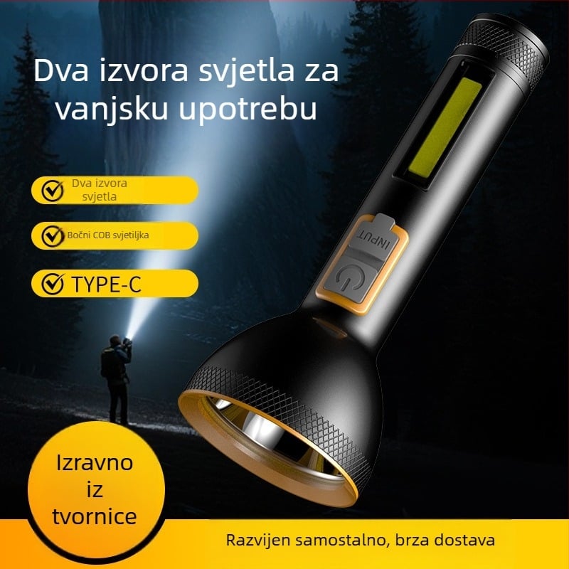 Ručna svjetiljka s kućištem od aluminijske legure, ugrađena punjiva baterija, COB bočno svjetlo, 5W, 200 lm