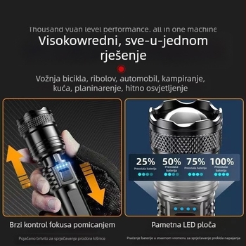 LED baterijska svjetiljka s LCD zaslonom, 18650 baterija, optični zum, domet do 500 m, zaštita od pretjeranog punjenja