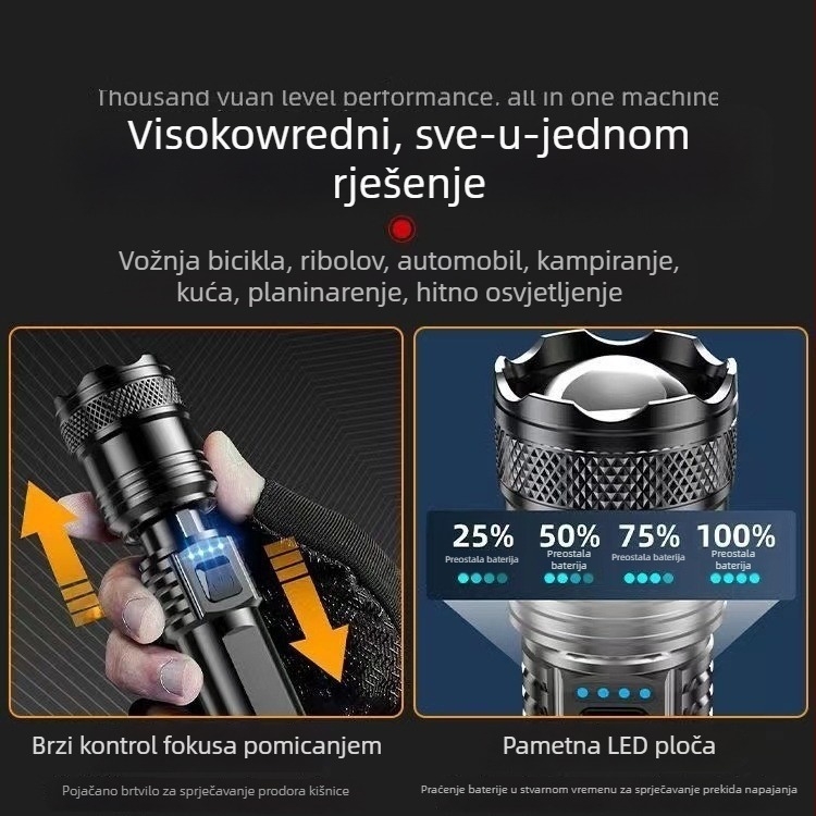 LED baterijska svjetiljka s LCD zaslonom, 18650 baterija, optični zum, domet do 500 m, zaštita od pretjeranog punjenja