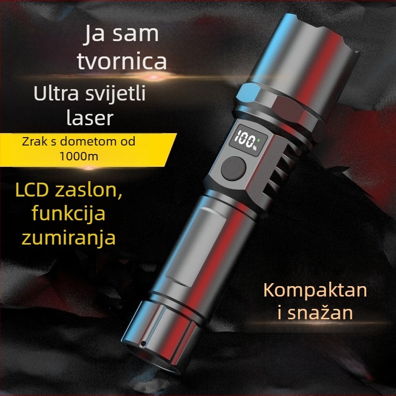 LED baterijska svjetiljka s LCD zaslonom, 18650 baterija, optični zum, domet do 500 m, zaštita od pretjeranog punjenja