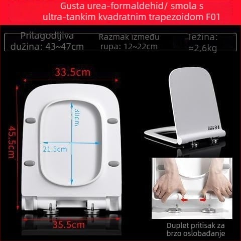 Kvadratni poklop za WC, debeo i izdržljiv, s jastučićem, podesiva udaljenost montažnih rupa 10–18 mm, materijal: urea-formaldehidna smola