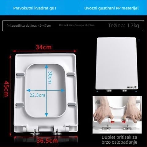 Kvadratni poklop za WC, debeo i izdržljiv, s jastučićem, podesiva udaljenost montažnih rupa 10–18 mm, materijal: urea-formaldehidna smola