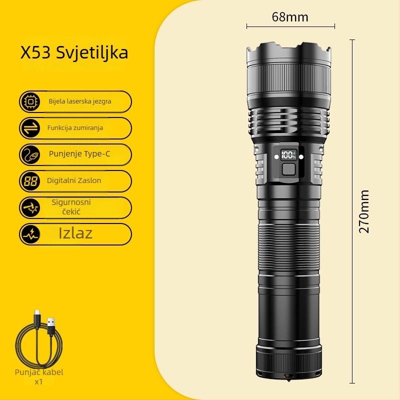 SX53 ručna baterijska svjetiljka: 50W, 3000 lm, domet 300 m, 120° snop, 18650 baterija