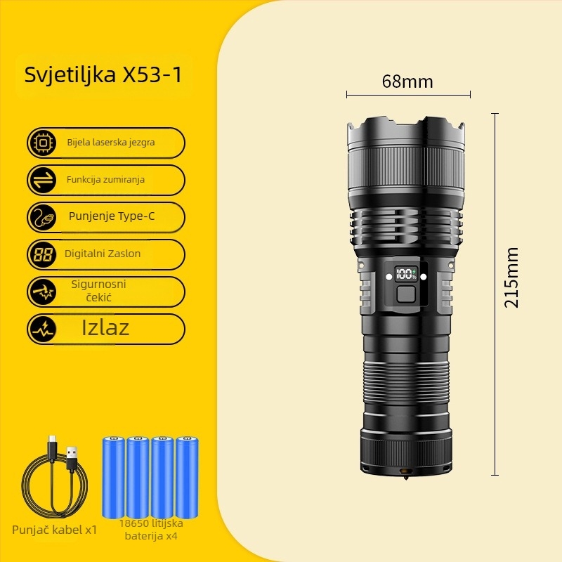 SX53 ručna baterijska svjetiljka: 50W, 3000 lm, domet 300 m, 120° snop, 18650 baterija