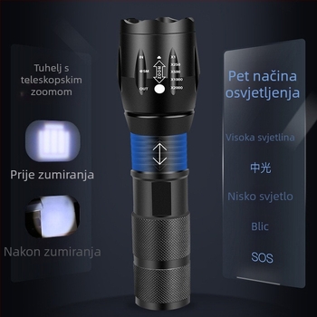 T6 LED baterijska svjetiljka, USB punjiva, 10W, 1800mAh, 360° rotacija