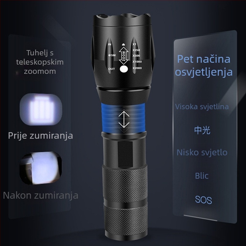 T6 LED baterijska svjetiljka, USB punjiva, 10W, 1800mAh, 360° rotacija