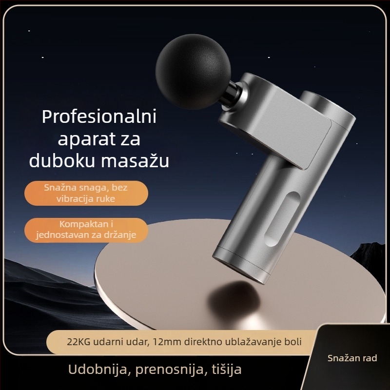Mini tihi perkusijski masažer s LCD-om – 5+ brzina, 4 nastavka, ugrađena baterija 1200–2000 mAh, buka 36–45 dB