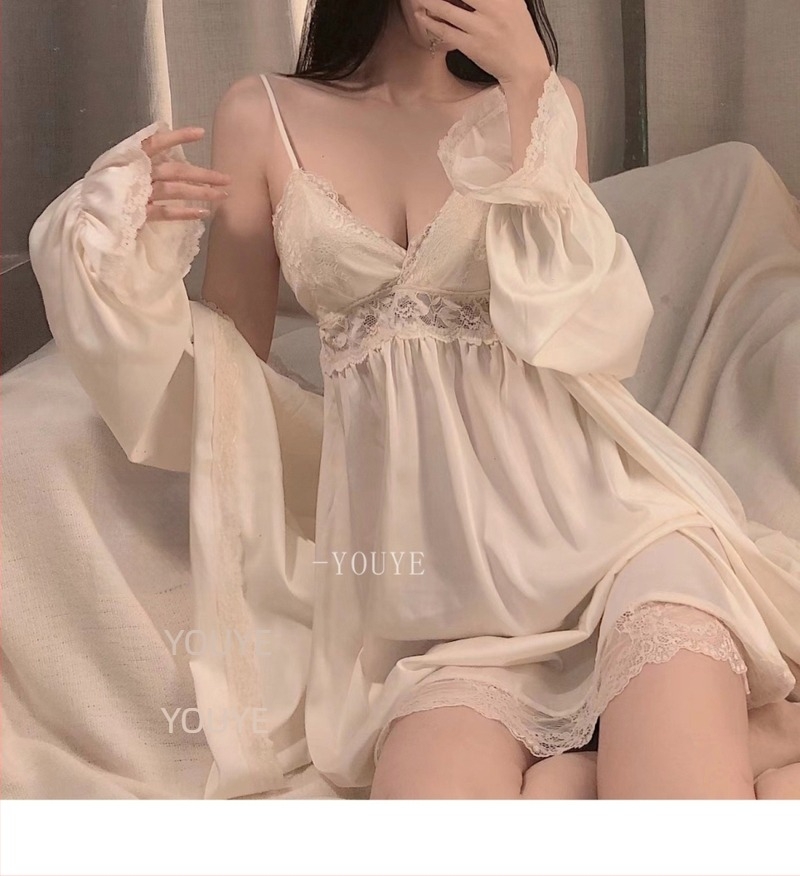 Dvije-dijelni set noćne odjeće od ice silk, stil Čista Želja, duga noćna haljina s trakama, V-izrez, poliester, ekstra gusta 301-350 g/m2