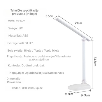 LED sklopiva stolna lampica s USB punjenjem i mrežnim napajanjem, dodirni prekidač, regulacija boje i svjetla, ugrađena baterija