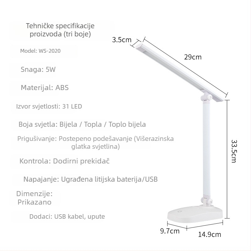 LED sklopiva stolna lampica s USB punjenjem i mrežnim napajanjem, dodirni prekidač, regulacija boje i svjetla, ugrađena baterija