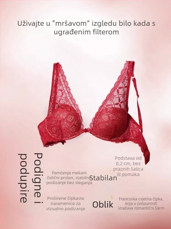 Set grudnjaka s francuskom čipkom, Pure Desire stil; najlon, 3/4 košarica, neoblikovana šalica, duboki stražnji dio, čvrste dvostruke naramenice, stražnje kopčanje s dva reda kukica, push-up i prozračan