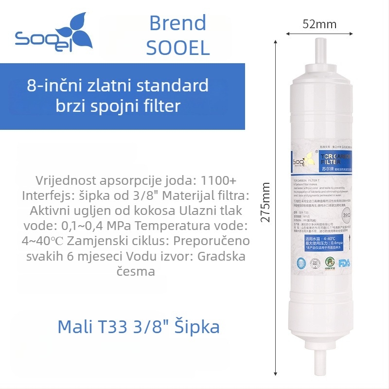 Sauer Small T33 filtr za kućni pročišćivač vode, aktivirani kokosov ugljen, 8-inčni kartridž, uklanja naslage i poboljšava okus