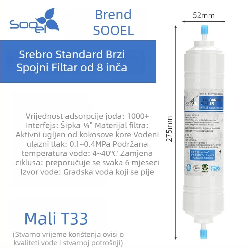 Sauer Small T33 filtr za kućni pročišćivač vode, aktivirani kokosov ugljen, 8-inčni kartridž, uklanja naslage i poboljšava okus