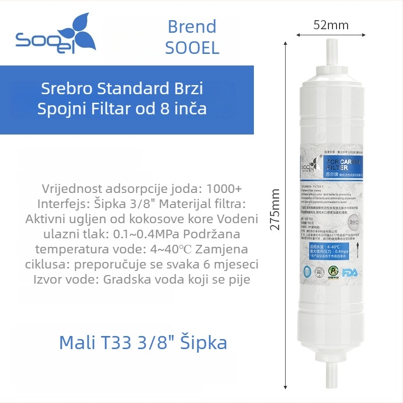 Sauer Small T33 filtr za kućni pročišćivač vode, aktivirani kokosov ugljen, 8-inčni kartridž, uklanja naslage i poboljšava okus
