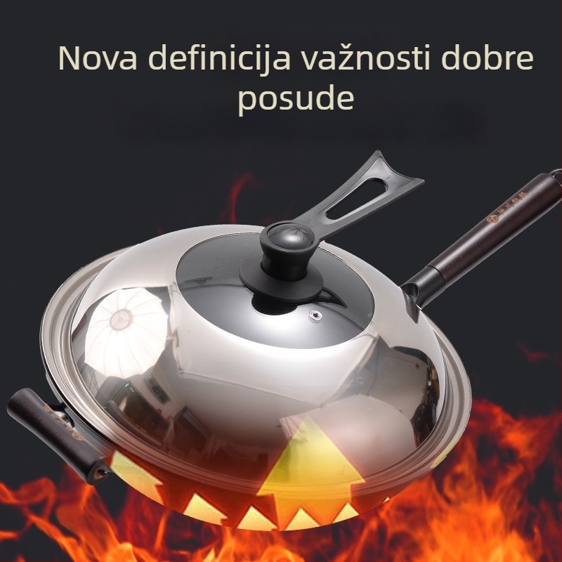 Wok od lijevanog željeza – kineskog stila, kompatibilan s plinskim štednjakom, jednostavno dno, poklopac od nehrđajućeg čelika sa staklom
