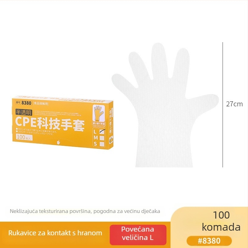 Jednokratne CPE rukavice, prehrambene kvalitete, protuklizne, prozirne, u kuhinjskom kutiji, debljina 0.05–0.1 mm, 50 komada u kutiji