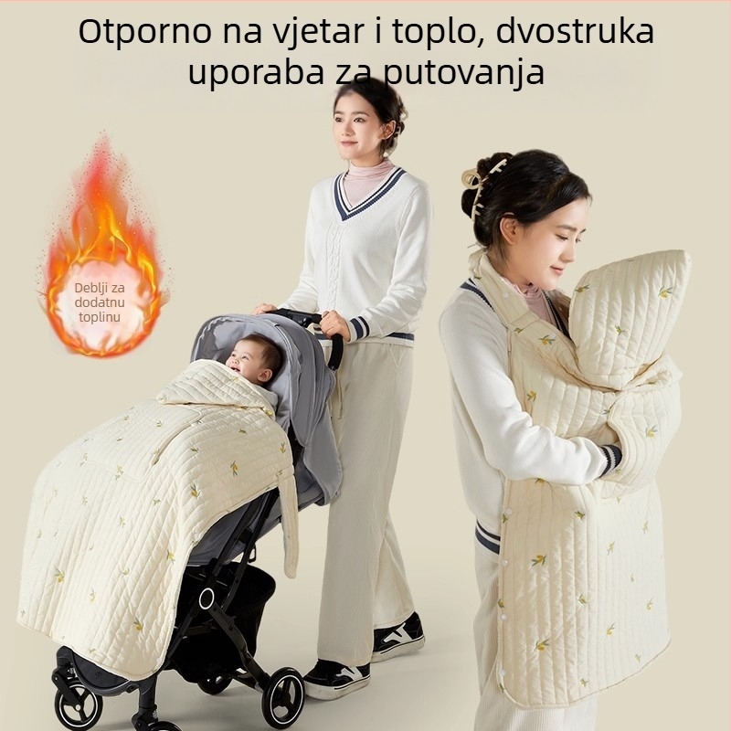 Pokrivač za kolica za bebe s kapuljačom i stražnjim remenom, zimški debeli quilt, poliester