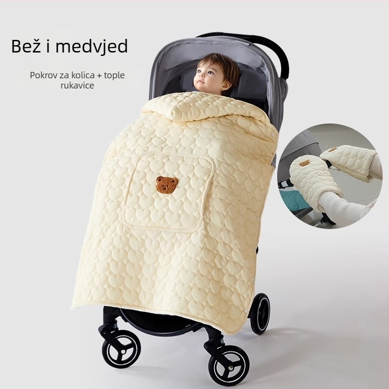 Pokrivač za kolica za bebe s kapuljačom i stražnjim remenom, zimški debeli quilt, poliester