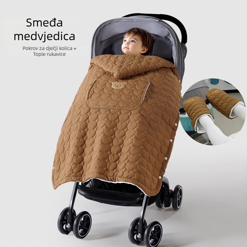 Pokrivač za kolica za bebe s kapuljačom i stražnjim remenom, zimški debeli quilt, poliester