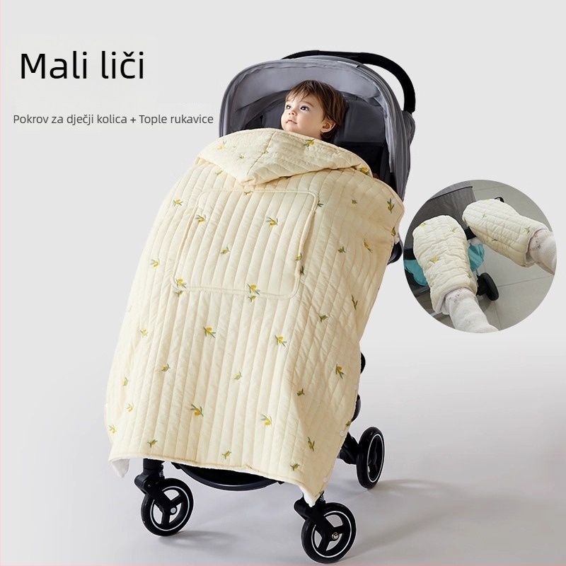 Pokrivač za kolica za bebe s kapuljačom i stražnjim remenom, zimški debeli quilt, poliester